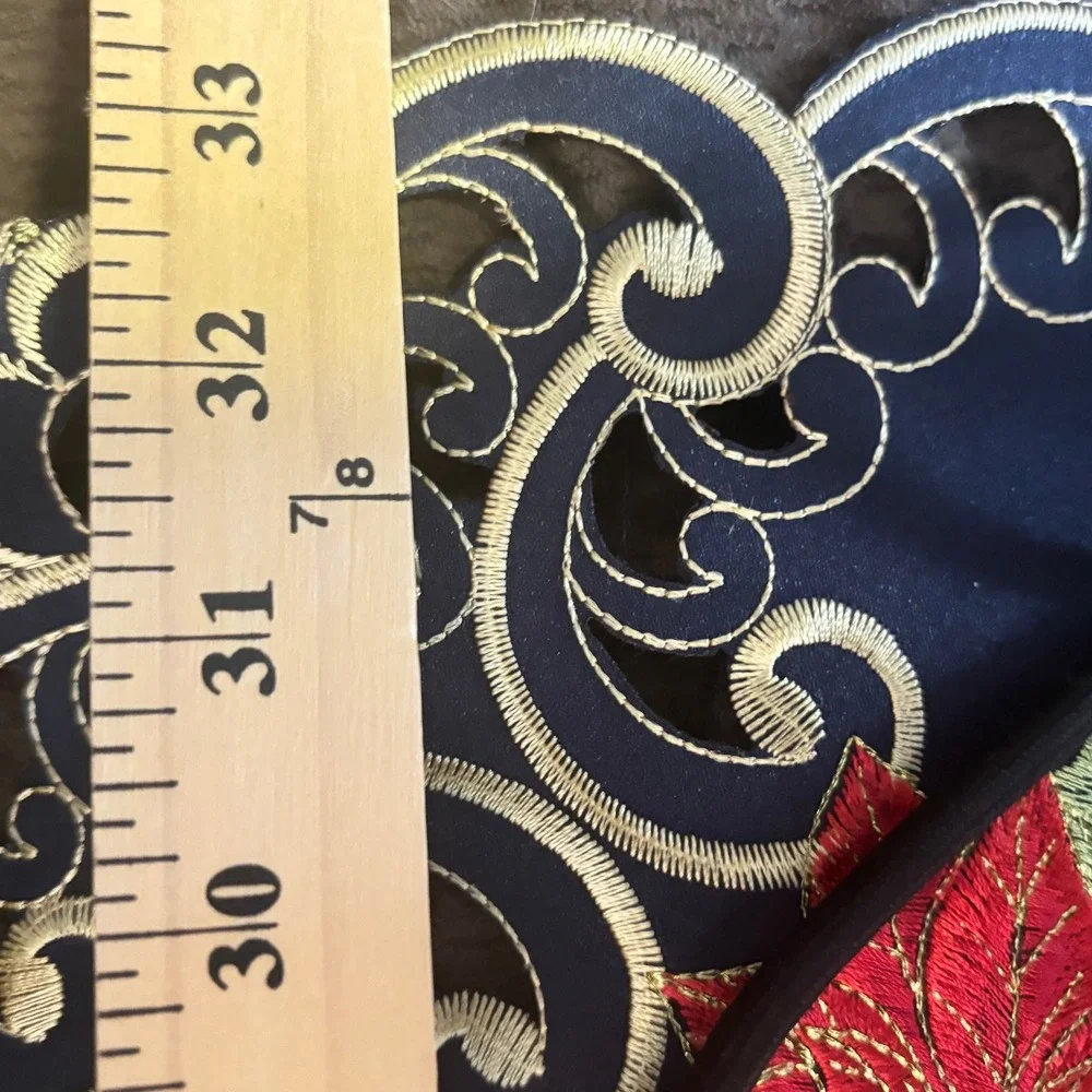 Vintage Square Table Topper 33in Navy Blue Angel Poinsettia Holiday Christmas
